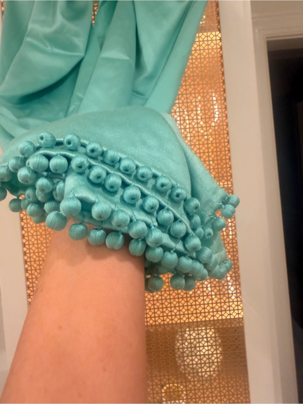 Bajra cashmere and silk Aqua Scarf with ball trim! Stunning!!!! - Picture 3 of 7
